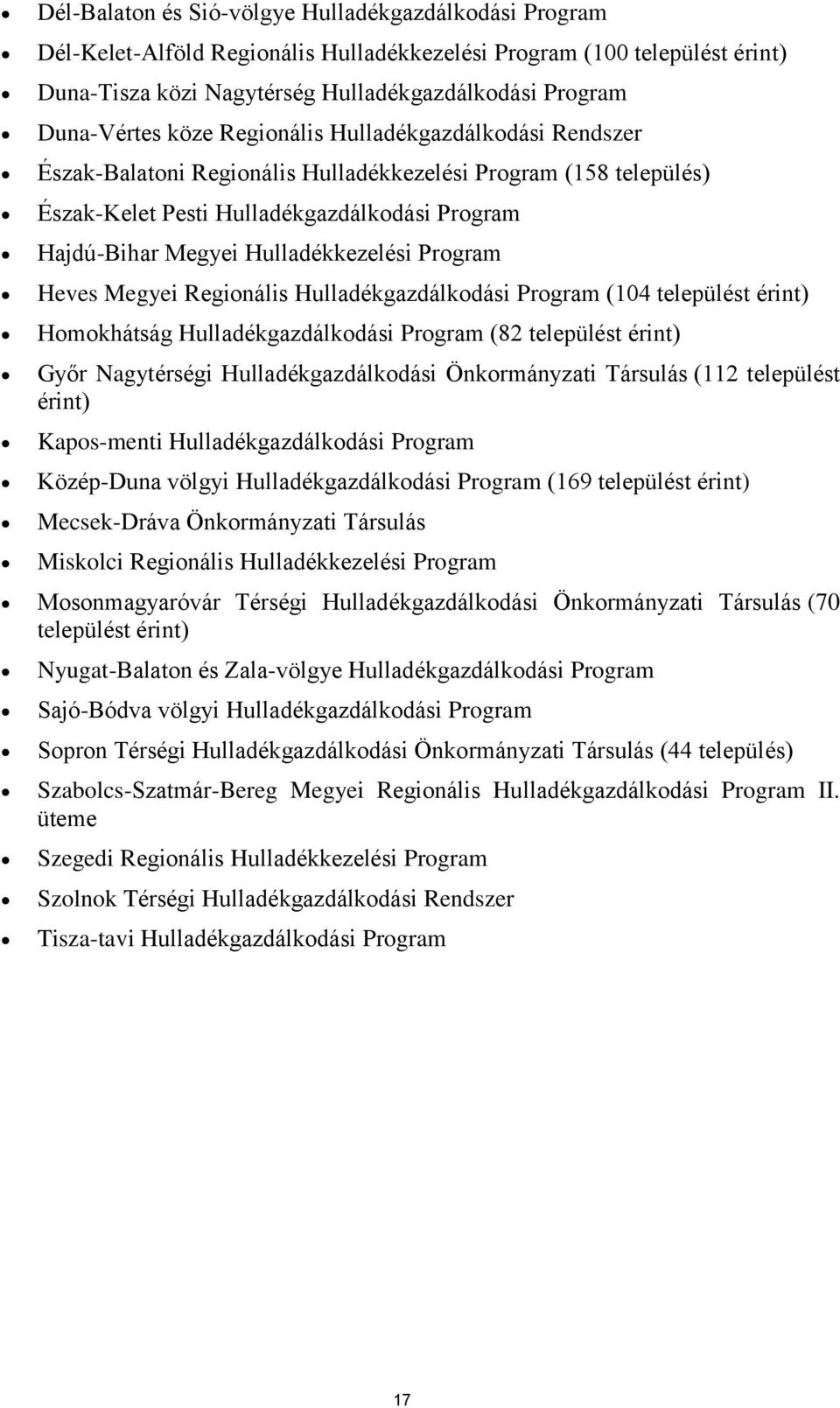 Program Heves Megyei Regionális Hulladékgazdálkodási Program (104 települést érint) Homokhátság Hulladékgazdálkodási Program (82 települést érint) Győr Nagytérségi Hulladékgazdálkodási Önkormányzati