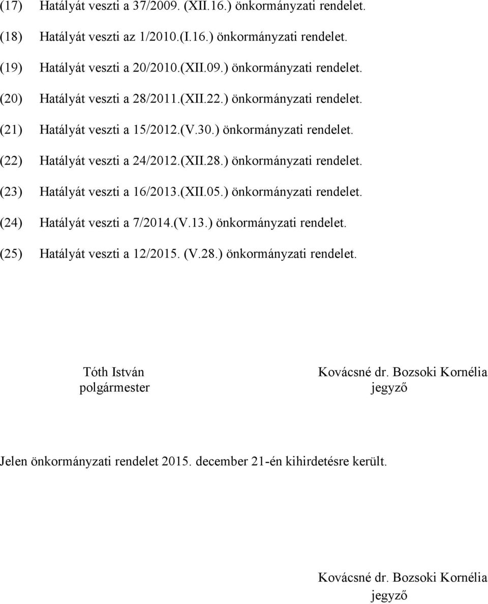 (XII.05.) önkormányzati rendelet. (24) Hatályát veszti a 7/2014.(V.13.) önkormányzati rendelet. (25) Hatályát veszti a 12/2015. (V.28.) önkormányzati rendelet. Tóth István Kovácsné dr.