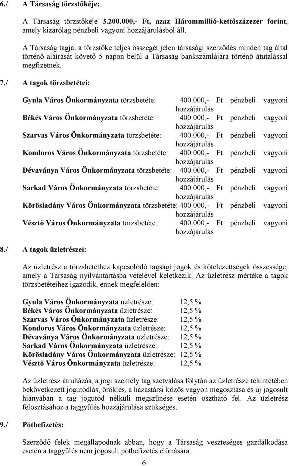 / A tagok törzsbetétei: Gyula Város Önkormányzata törzsbetéte: 400.000,- Ft pénzbeli vagyoni Békés Város Önkormányzata törzsbetéte: 400.