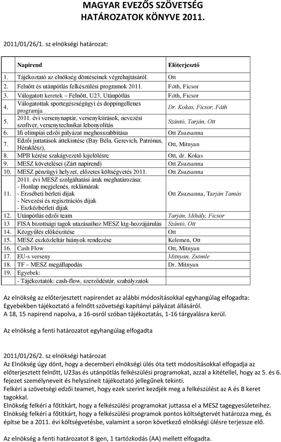 Kokas, Ficsor, Fáth 5. 2011. évi versenynaptár, versenykiírások, nevezési szoftver, versenytechnikai lebonyolítás Szántó, Tarján, Ott 6. Ifi olimpiai edzői pályázat meghosszabbítása Ott Zsuzsanna 7.