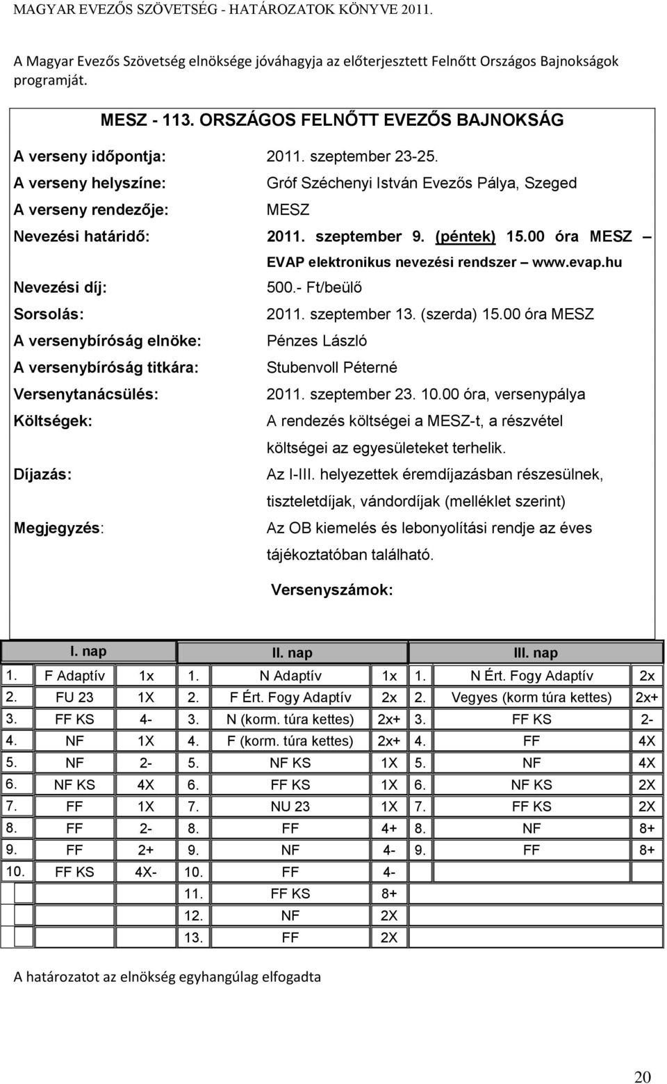 00 óra MESZ Nevezési díj: Sorsolás: A versenybíróság elnöke: A versenybíróság titkára: Versenytanácsülés: Költségek: Díjazás: Megjegyzés: EVAP elektronikus nevezési rendszer www.evap.hu 500.