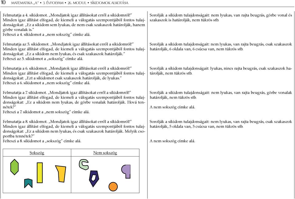 síkidomot a nem sokszög címke alá. Felmutatja az 5. síkidomot. Mondjatok igaz állításokat erről a síkidomról!