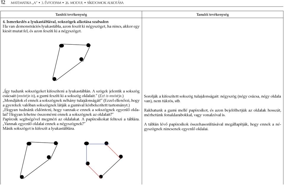 Tanulói tevékenység Így tudunk sokszögeket kifeszíteni a lyukastáblán. A szögek jelentik a sokszög csúcsait (mutatja is), a gumi feszíti ki a sokszög oldalait. (Ezt is mutatja.