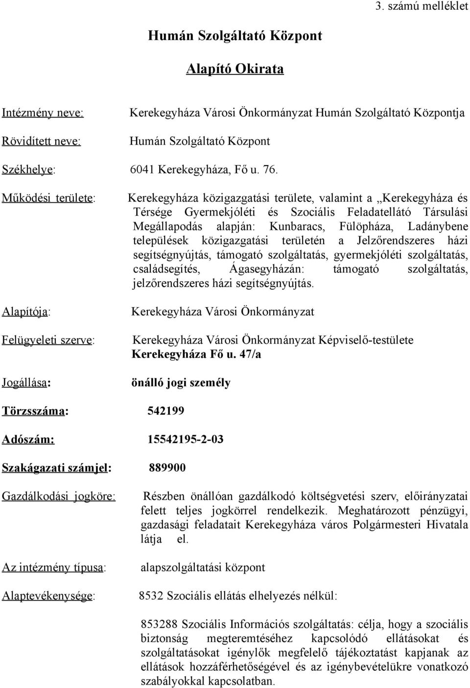 Működési területe: Alapítója: Felügyeleti szerve: Jogállása: Kerekegyháza közigazgatási területe, valamint a Kerekegyháza és Térsége Gyermekjóléti és Szociális Feladatellátó Társulási Megállapodás