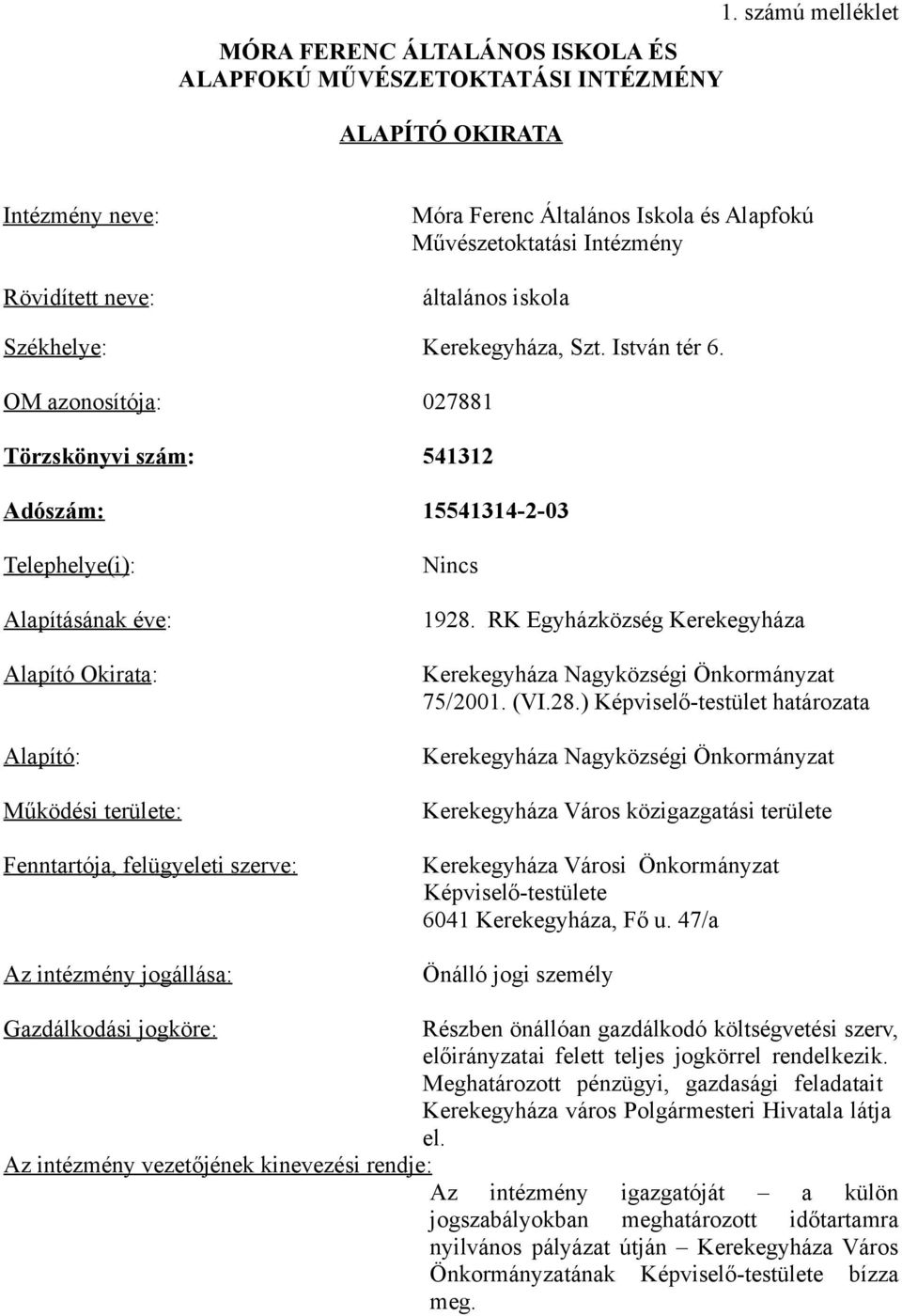 OM azonosítója: 027881 Törzskönyvi szám: 541312 Adószám: 15541314-2-03 Telephelye(i): Alapításának éve: Alapító Okirata: Nincs 1928.