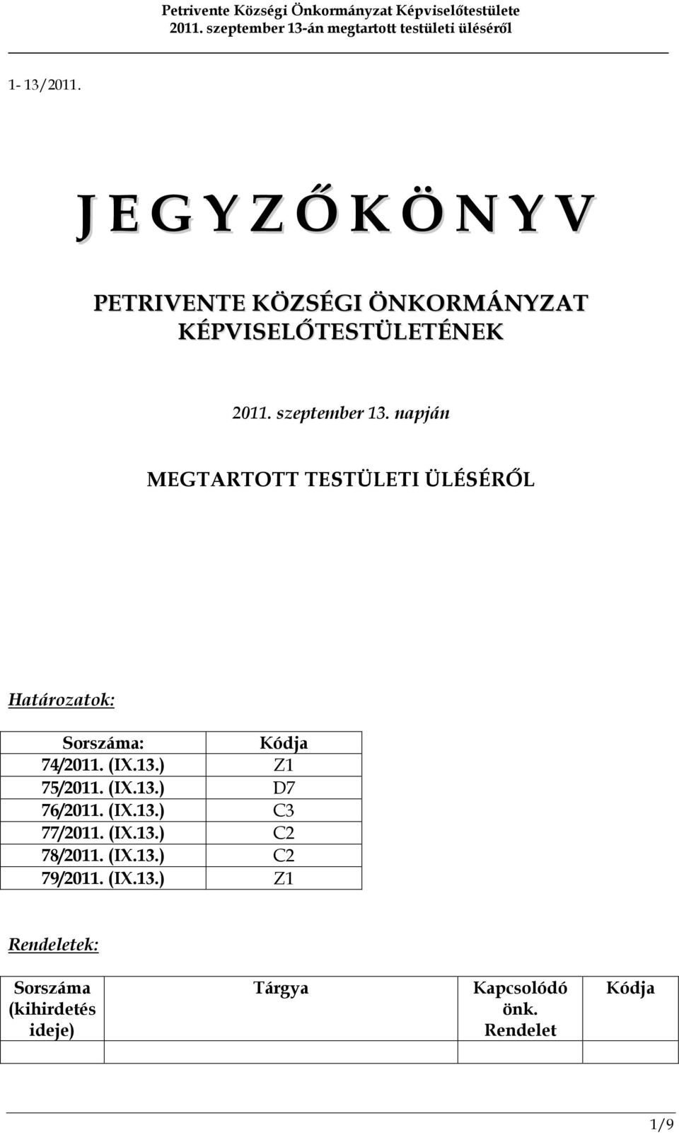 13.) Z1 75/2011. (IX.13.) D7 76/2011. (IX.13.) C3 77/2011. (IX.13.) C2 78/2011. (IX.13.) C2 79/2011.