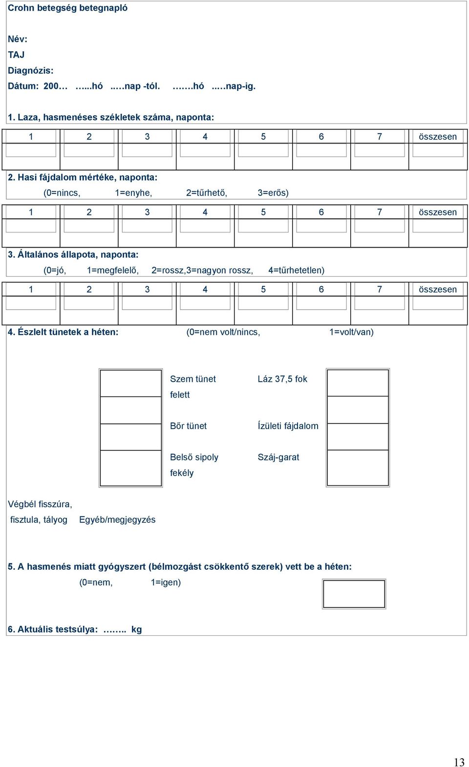 Általános állapota, naponta: (0=jó, 1=megfelelő, 2=rossz,3=nagyon rossz, 4=tűrhetetlen) 1 2 3 4 5 6 7 összesen 4.