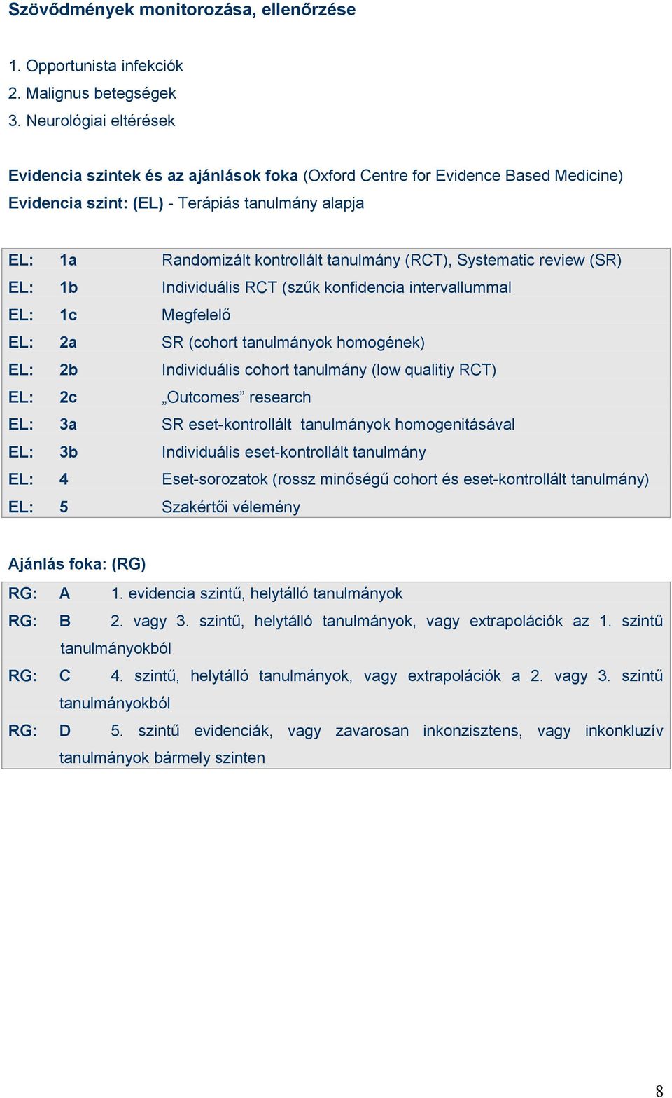 (RCT), Systematic review (SR) EL: 1b Individuális RCT (szűk konfidencia intervallummal EL: 1c Megfelelő EL: 2a SR (cohort tanulmányok homogének) EL: 2b Individuális cohort tanulmány (low qualitiy