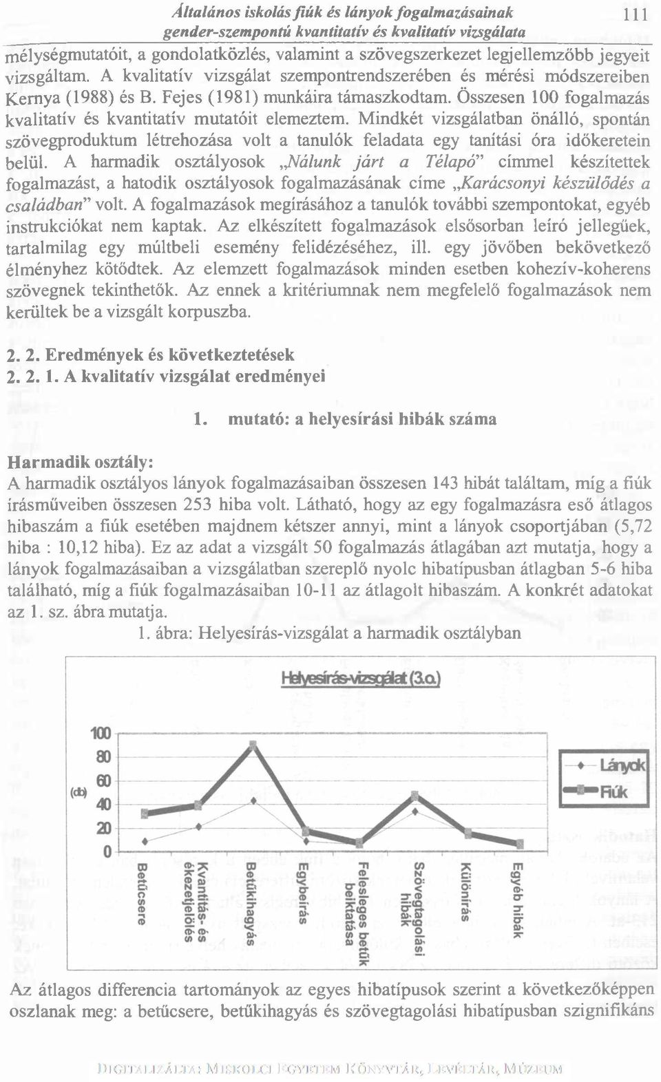 Összesen 100 fogalmazás kvalitatív és kvantitatív mutatóit elemeztem. Mindkét vizsgálatban önálló, spontán szövegproduktum létrehozása volt a tanulók feladata egy tanítási óra időkeretein belül.