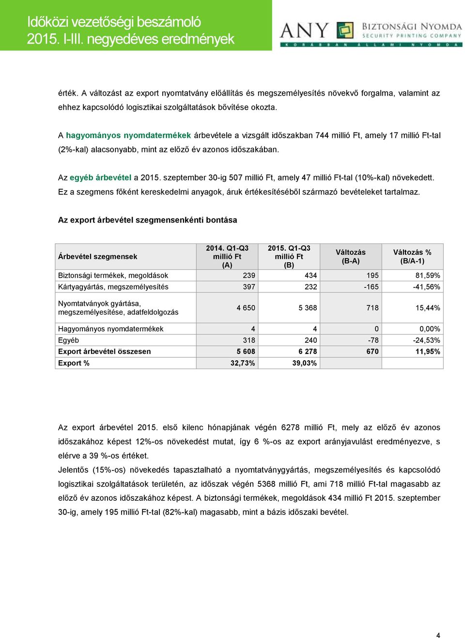 szeptember 30-ig 507 millió Ft, amely 47 millió Ft-tal (10%-kal) növekedett. Ez a szegmens főként kereskedelmi anyagok, áruk értékesítéséből származó bevételeket tartalmaz.