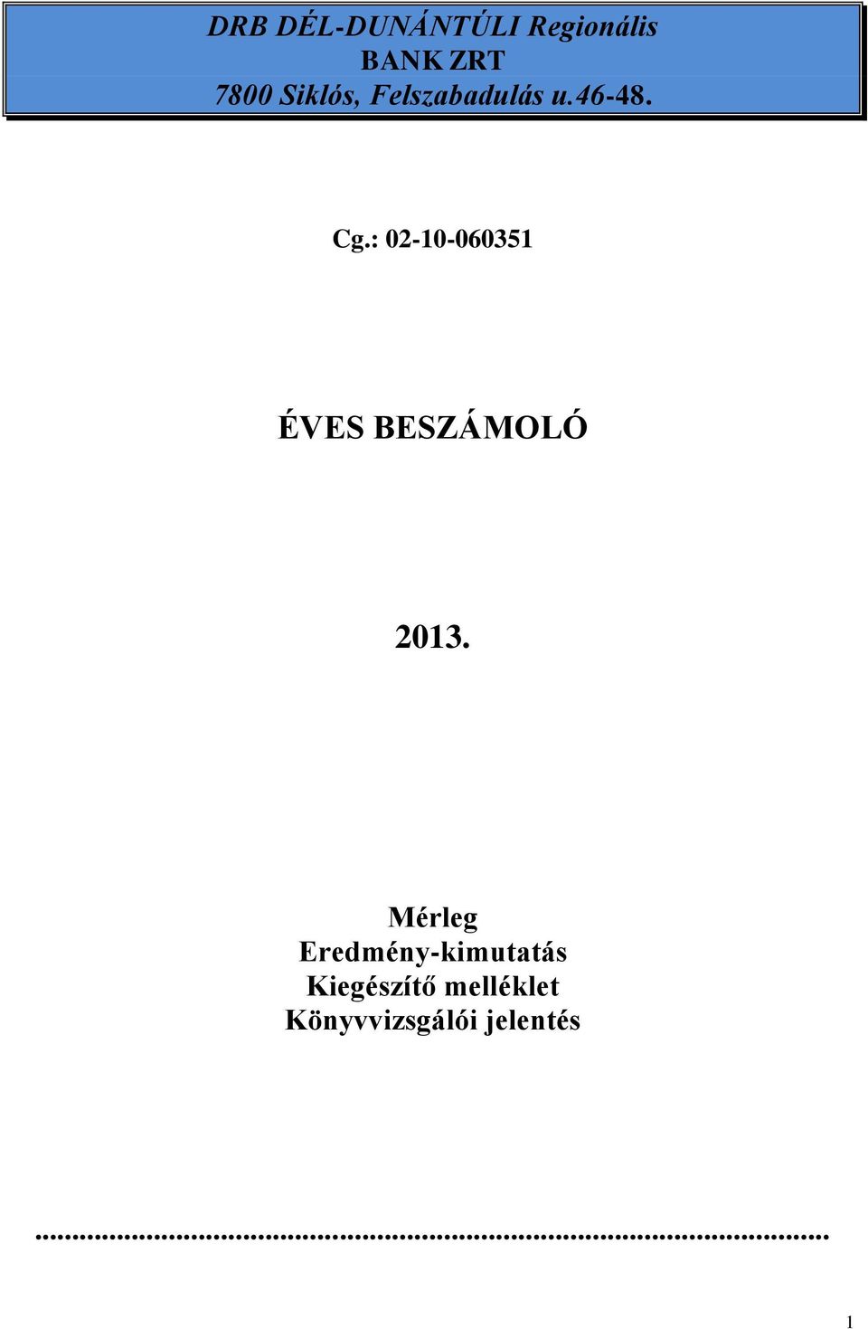 : 02-10-060351 ÉVES BESZÁMOLÓ 2013.