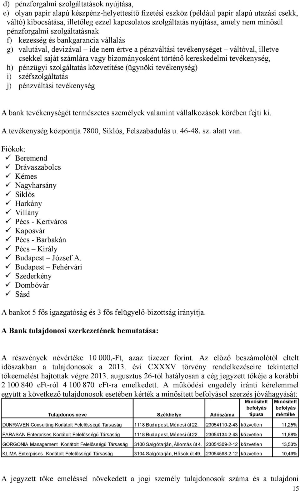 számlára vagy bizományosként történő kereskedelmi tevékenység, h) pénzügyi szolgáltatás közvetítése (ügynöki tevékenység) i) széfszolgáltatás j) pénzváltási tevékenység A bank tevékenységét
