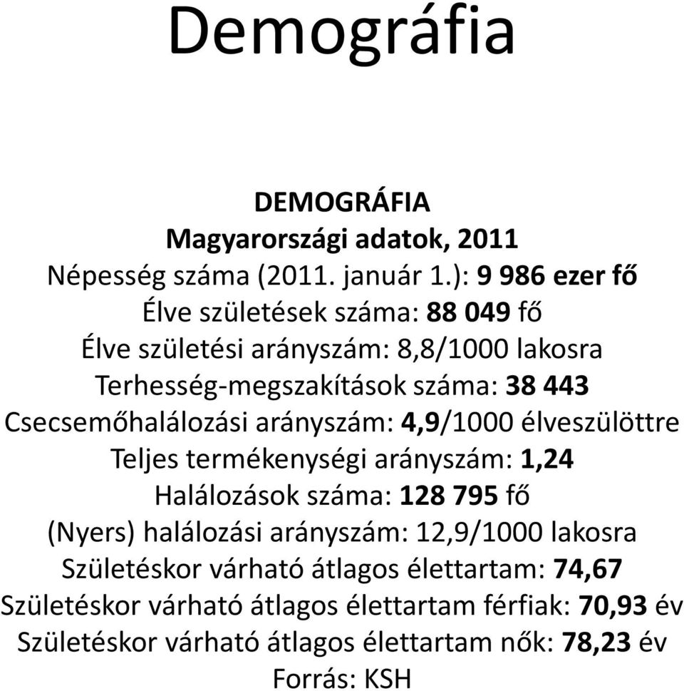 Csecsemőhalálozási arányszám: 4,9/1000 élveszülöttre Teljes termékenységi arányszám: 1,24 Halálozások száma: 128 795 fő (Nyers)