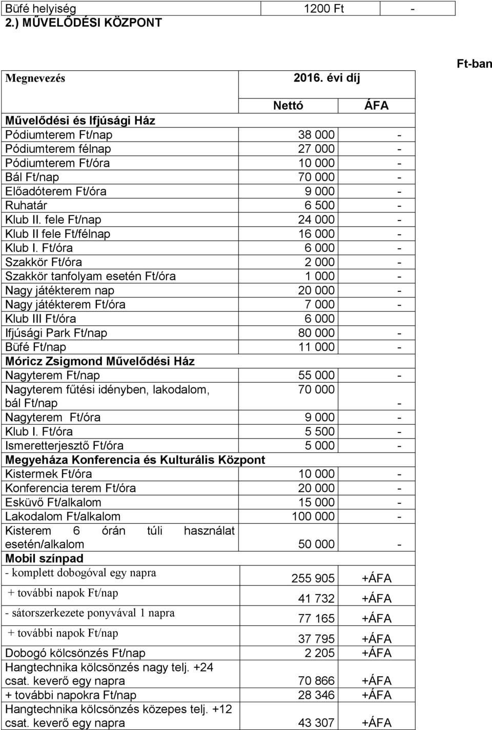 fele Ft/nap 24 000 Klub II fele Ft/félnap 16 000 Klub I.