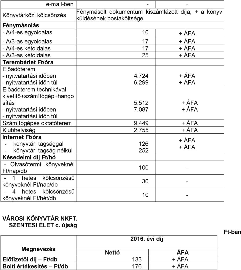 technikával kivetítőszámítógéphango sítás nyitvatartási időben nyitvatartási időn túl 4.724 6.299 5.512 7.087 Számítógépes oktatóterem 9.449 Klubhelyiség 2.