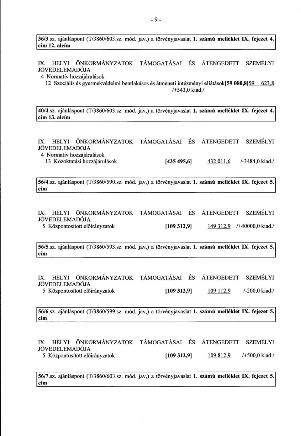 /+543,0 kiad./ 40/4.sz. ajánláspont (T/3860/603.sz. mód. jav,) a törvényjavaslat 1. számú melléklet IX. fejezet 4. 13. al IX.