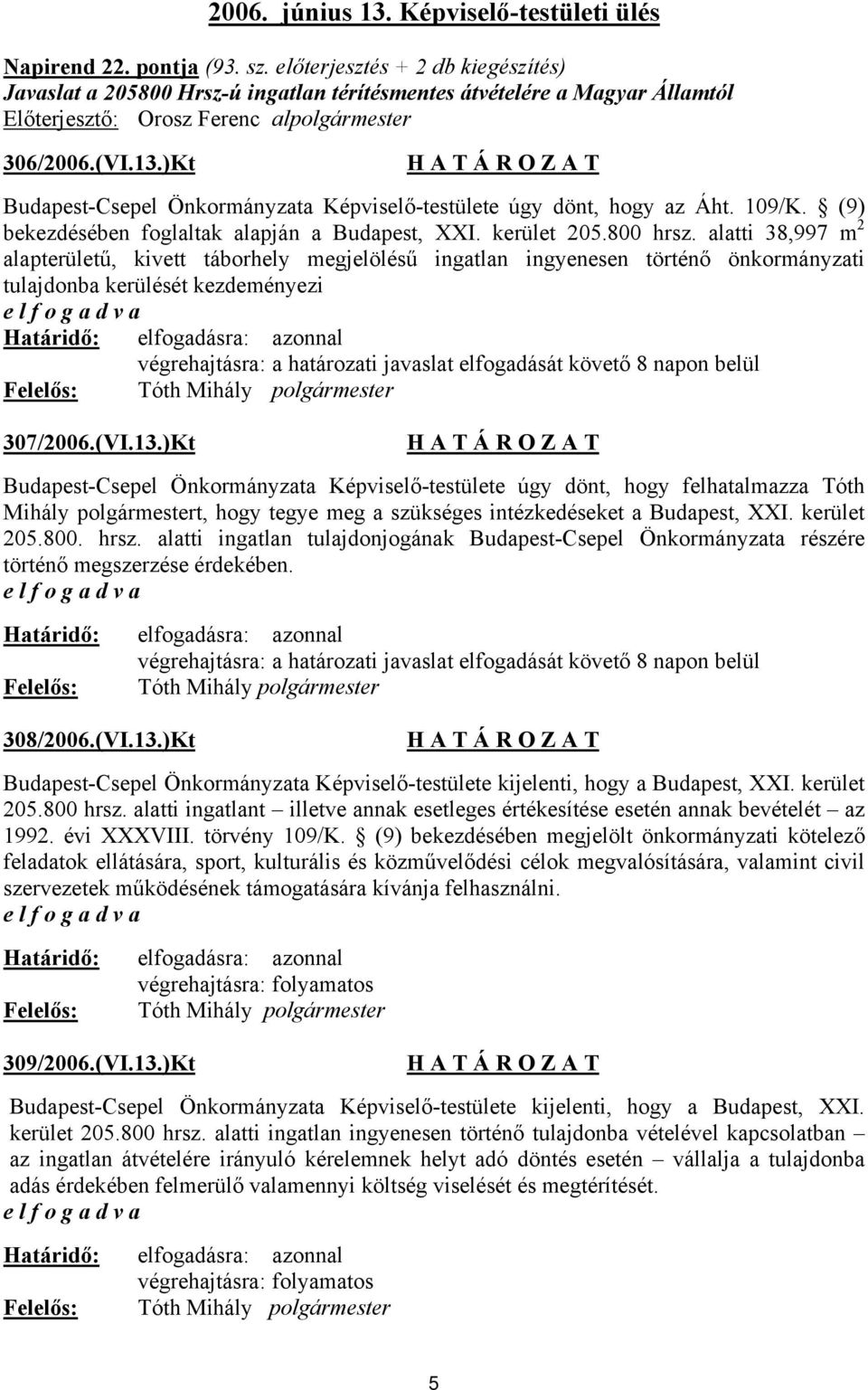 )Kt Budapest-Csepel Önkormányzata Képviselő-testülete úgy dönt, hogy az Áht. 109/K. (9) bekezdésében foglaltak alapján a Budapest, XXI. kerület 205.800 hrsz.