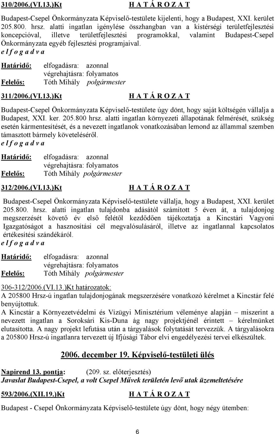 végrehajtásra: folyamatos 311/2006.(VI.13.)Kt Budapest-Csepel Önkormányzata Képviselő-testülete úgy dönt, hogy saját költségén vállalja a Budapest, XXI. ker. 205.800 hrsz.