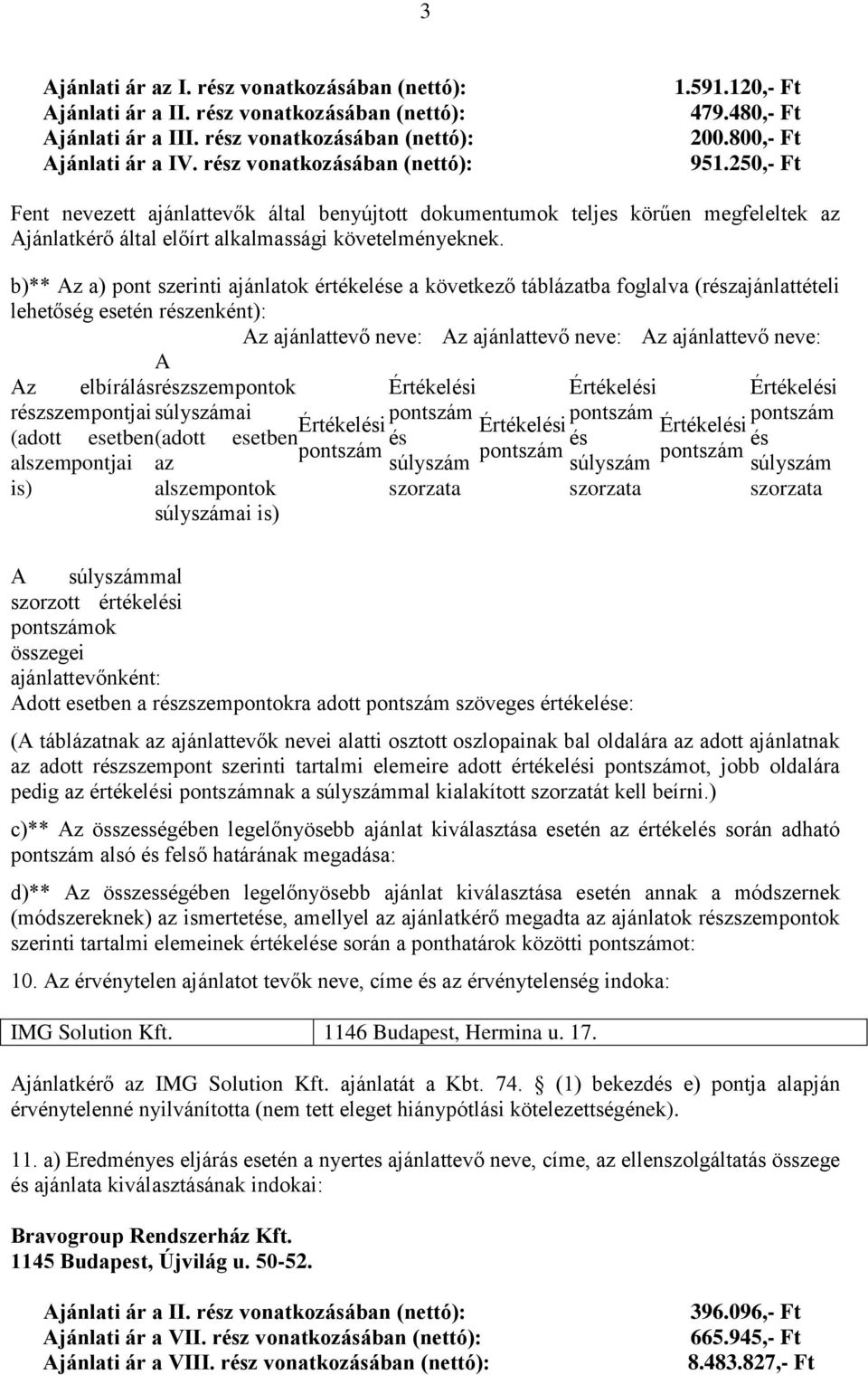 elbírálás részszempontok részszempontjai ai (adott esetben (adott esetben és alszempontjai is) az alszempontok ai is) és A mal szorzott értékelési ok összegei ajánlattevőnként: Adott esetben a