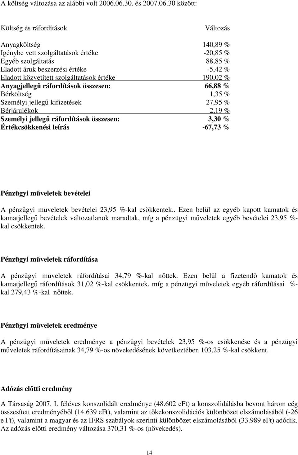 Eladott közvetített szolgáltatások értéke 190,02 % Anyagjellegő ráfordítások összesen: 66,88 % Bérköltség 1,35 % Személyi jellegő kifizetések 27,95 % Bérjárulékok 2,19 % Személyi jellegő ráfordítások