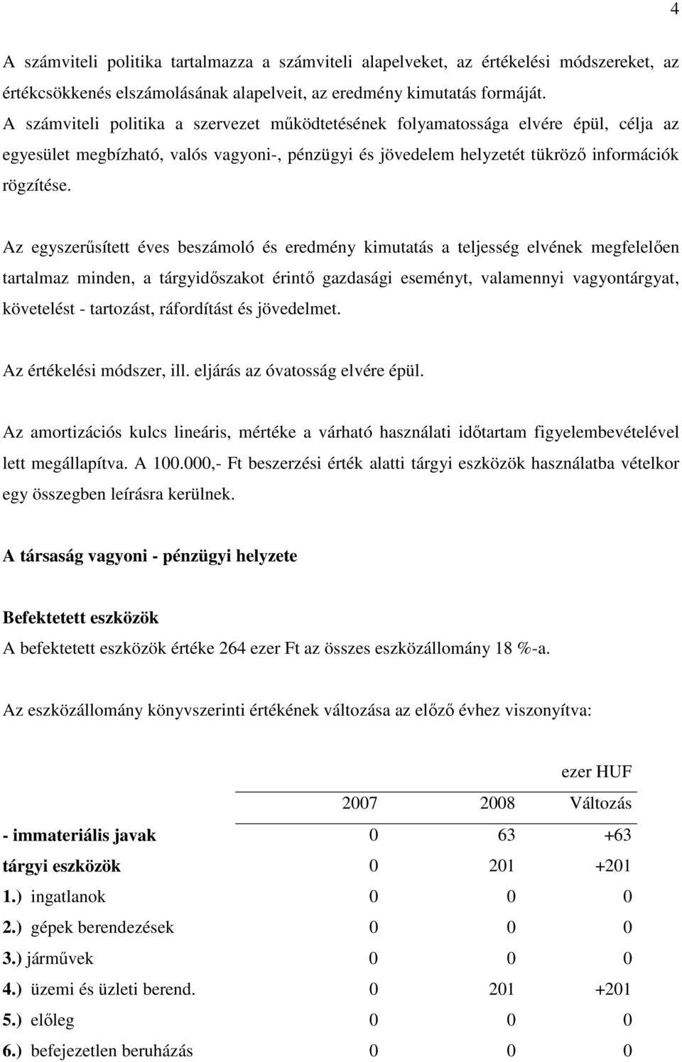 Az egyszerűsített éves beszámoló és eredmény kimutatás a teljesség elvének megfelelően tartalmaz minden, a tárgyidőszakot érintő gazdasági eseményt, valamennyi vagyontárgyat, követelést - tartozást,