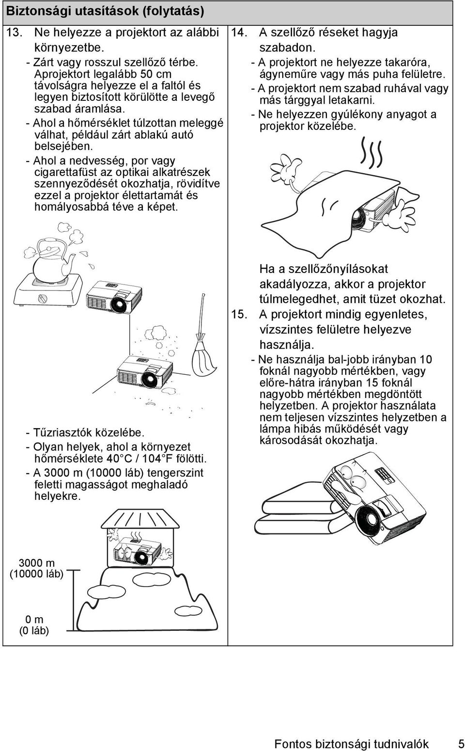 - Ahol a nedvesség, por vagy cigarettafüst az optikai alkatrészek szennyeződését okozhatja, rövidítve ezzel a projektor élettartamát és homályosabbá téve a képet. 14.