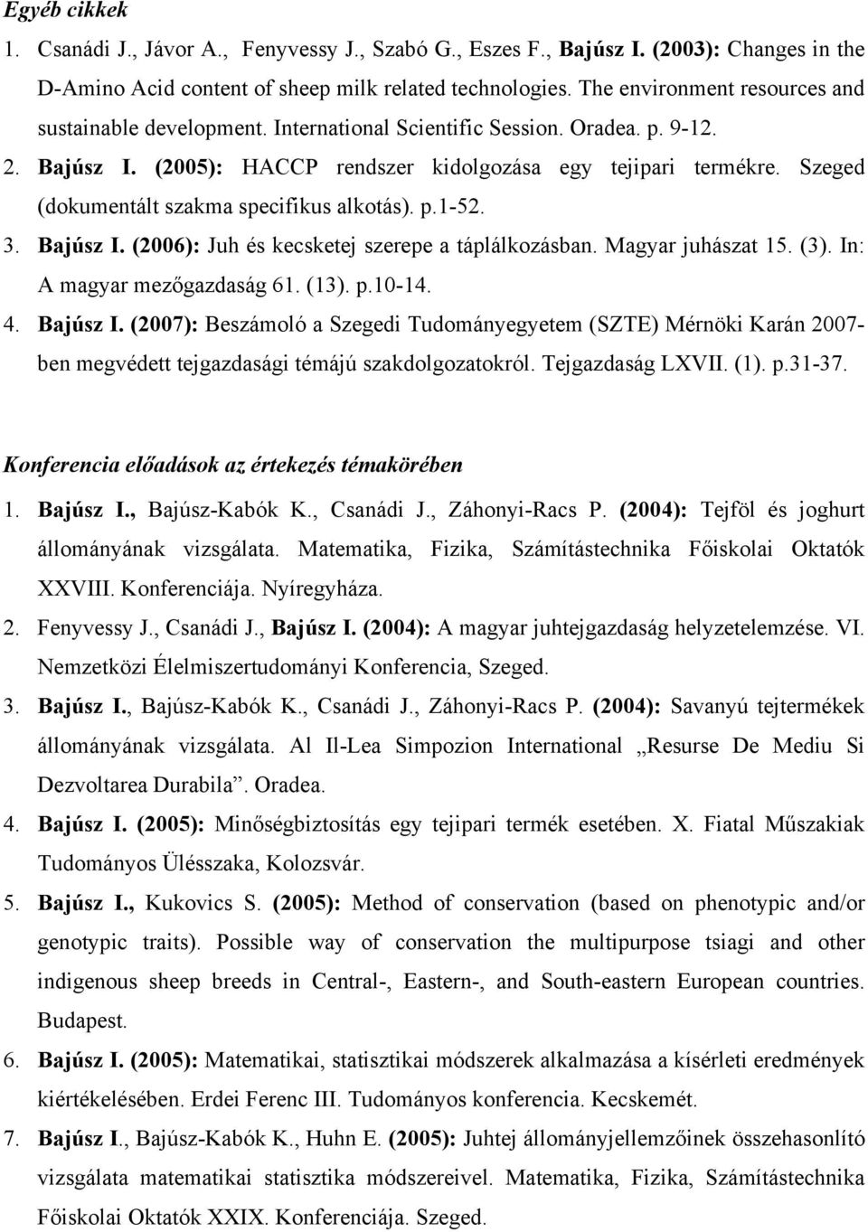 Szeged (dokumentált szakma specifikus alkotás). p.1-52. 3. Bajúsz I. (2006): Juh és kecsketej szerepe a táplálkozásban. Magyar juhászat 15. (3). In: A magyar mezőgazdaság 61. (13). p.10-14. 4.