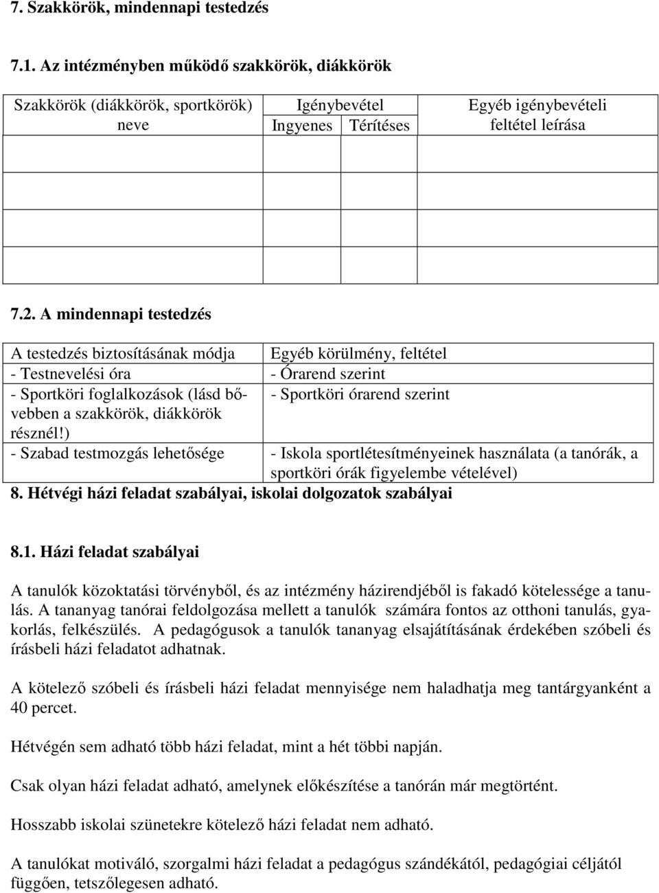 órarend szerint résznél!) - Szabad testmozgás lehetősége - Iskola sportlétesítményeinek használata (a tanórák, a sportköri órák figyelembe vételével) 8.