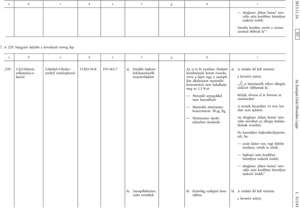 esetében: Oxidatív körülmények között összekeverve a hajra vagy a szempillára alkalmazott maximális koncentráció nem haladhatja meg az 1,5 %-ot Nitrozáló anyagokkal nem