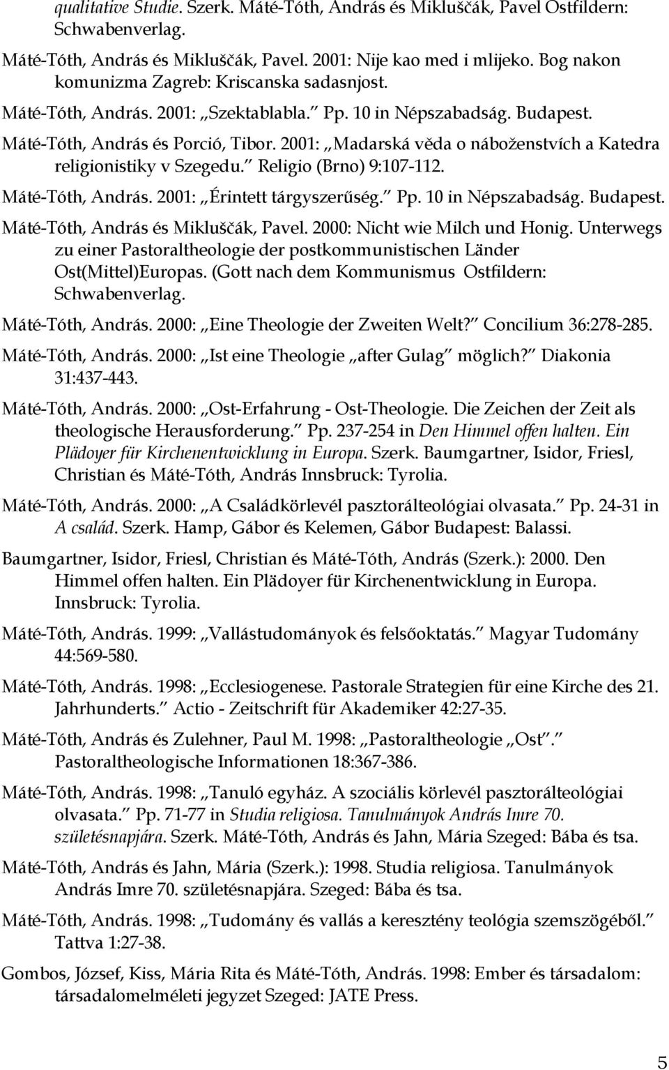 2001: Madarská věda o náboženstvích a Katedra religionistiky v Szegedu. Religio (Brno) 9:107-112. Máté-Tóth, András. 2001: Érintett tárgyszerűség. Pp. 10 in Népszabadság. Budapest.
