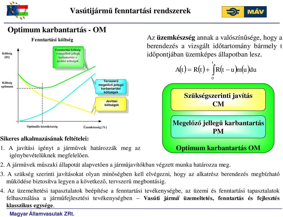 () = R() + ò R( - u) m( u)du A 0 Szűkségszerini javíás CM Opimális üzemkészség Sikeres alkalmazásának feléelei: 1. A javíási igény a járművek haározzák meg az igénybevéelüknek megfelelően. 2.