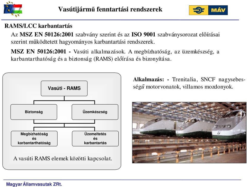 A megbízhaóság, az üzemkészség, a karbanarhaóság és a bizonság (RAMS) előírása és bizonyíása.