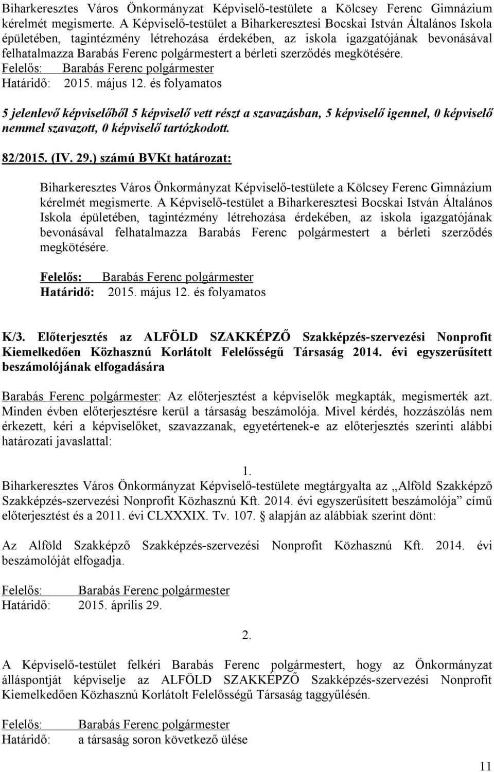 bérleti szerződés megkötésére. Határidő: 2015. május 12. és folyamatos 82/2015. (IV. 29.) számú BVKt :   bérleti szerződés megkötésére. Felelős: Határidő: Barabás Ferenc polgármester 2015. május 12. és folyamatos K/3.