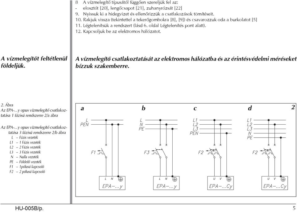 Kapcsoljuk be az elektromos hálózatot. A vízmelegítőt feltétlenül földeljük. A vízmelegítő csatlakoztatását az elektromos hálózatba és az érintésvédelmi méréseket bízzuk szakemberre. 2. Ábra Az EPA-.