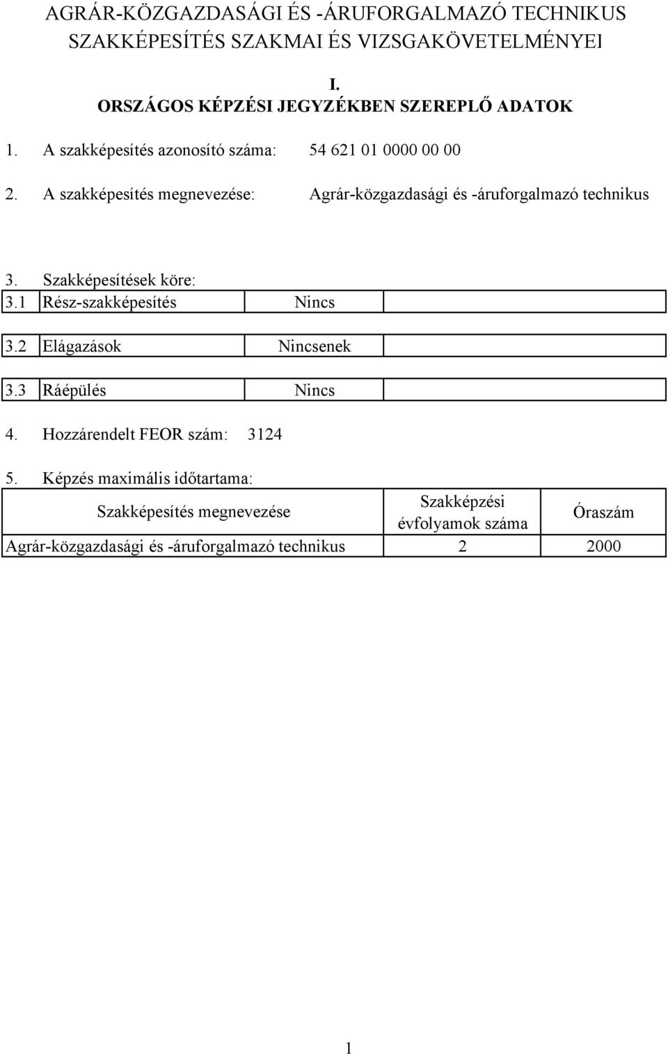 A szakképesítés megnevezése: Agrár-közgazdasági és -áruforgalmazó technikus 3. 3.1 Szakképesítések köre: Rész-szakképesítés 3.