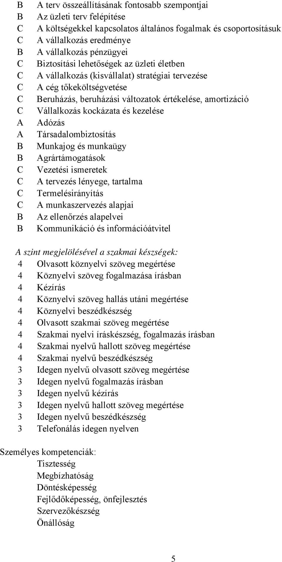 kockázata és kezelése Adózás Társadalombiztosítás Munkajog és munkaügy Agrártámogatások Vezetési ismeretek A tervezés lényege, tartalma Termelésirányítás A munkaszervezés alapjai Az ellenőrzés