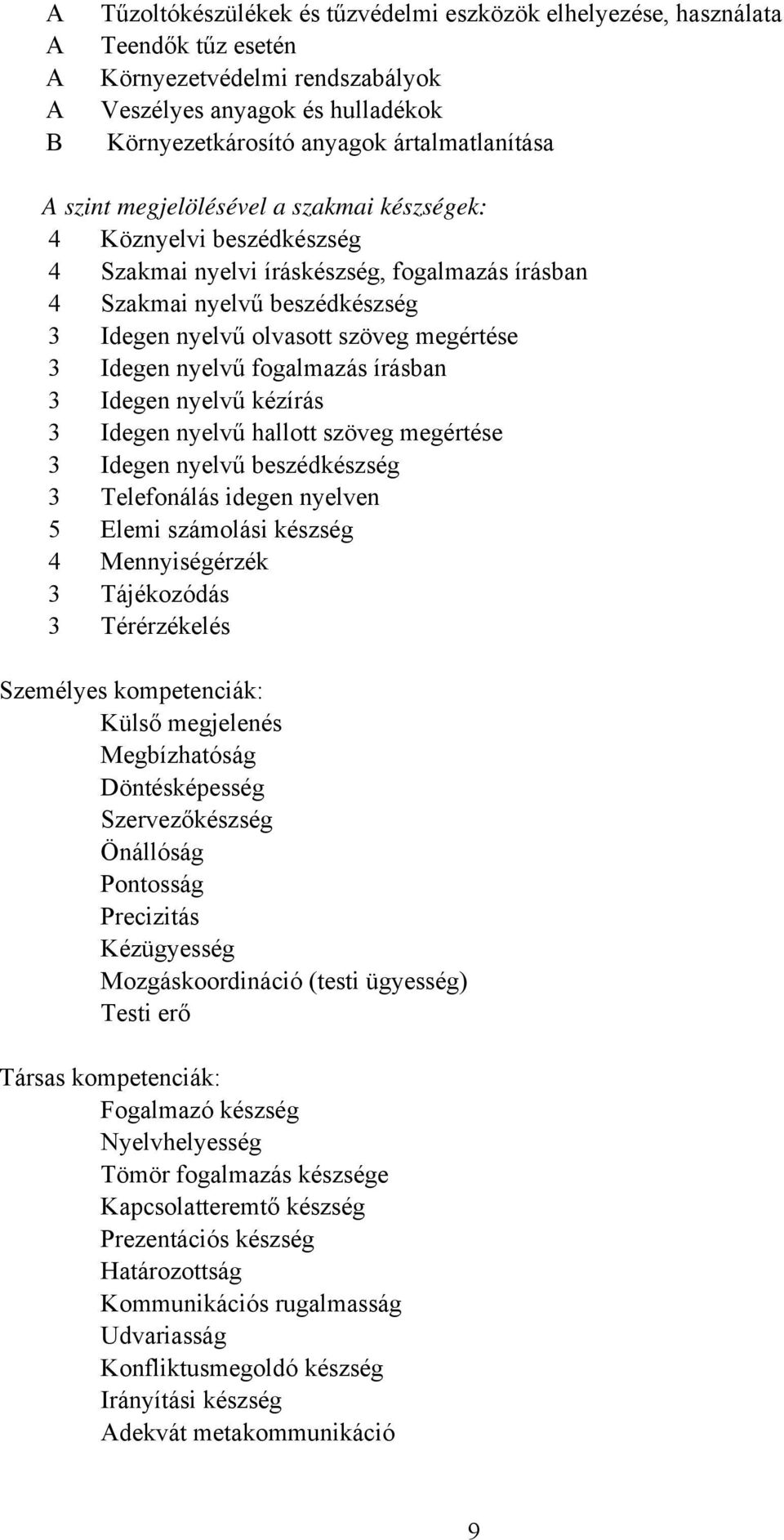 Idegen nyelvű fogalmazás írásban 3 Idegen nyelvű kézírás 3 Idegen nyelvű hallott szöveg megértése 3 Idegen nyelvű beszédkészség 3 Telefonálás idegen nyelven 5 Elemi számolási készség 4 Mennyiségérzék