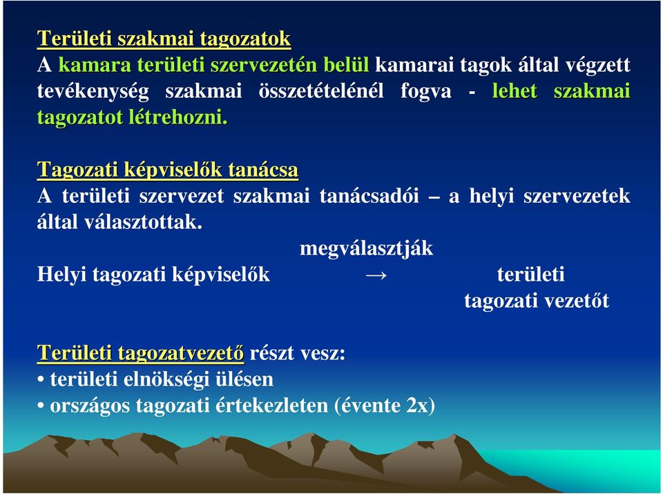 l Tagozati képviselk pviselık k tanácsa A területi szervezet szakmai tanácsadói a helyi szervezetek által