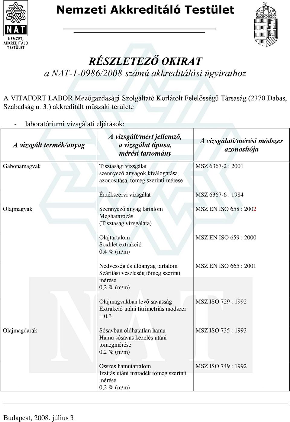 vizsgálat MSZ 6367-6 : 1984 Olajmagvak Olajmagdarák Szennyezõ anyag tartalom Meghatározás (Tisztaság vizsgálata) Olajtartalom Soxhlet extrakció 0,4 % (m/m) Nedvesség és illóanyag tartalom Szárítási