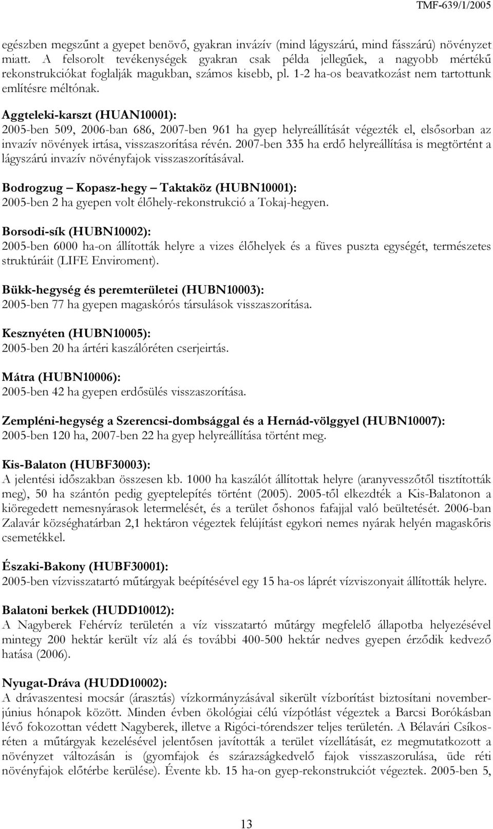 Aggteleki-karszt (HUAN10001): 2005-ben 509, 2006-ban 686, 2007-ben 961 ha gyep helyreállítását végezték el, elsősorban az invazív növények irtása, visszaszorítása révén.