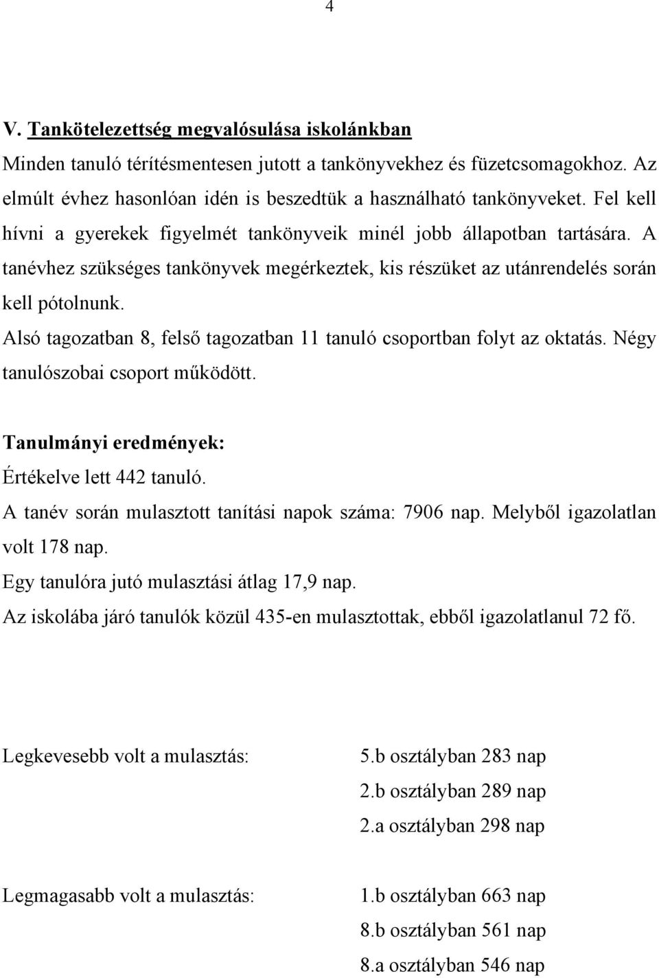 Alsó tagozatban 8, felső tagozatban 11 tanuló csoportban folyt az oktatás. Négy tanulószobai csoport működött. Tanulmányi eredmények: Értékelve lett 442 tanuló.