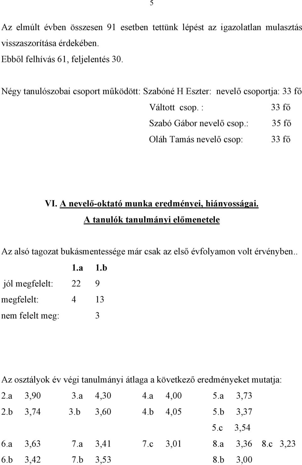 A nevelő-oktató munka eredményei, hiányosságai. A tanulók tanulmányi előmenetele Az alsó tagozat bukásmentessége már csak az első évfolyamon volt érvényben.. 1.a 1.