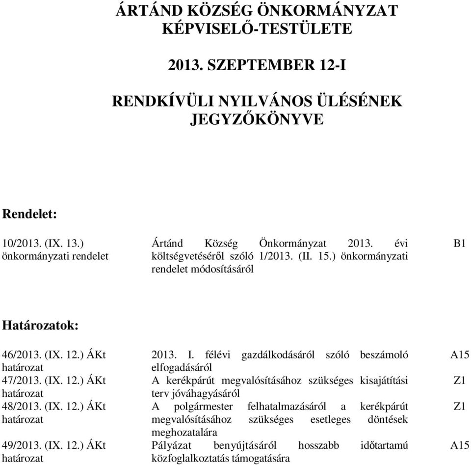 ) ÁKt határozat 47/2013. (IX. 12.) ÁKt határozat 48/2013. (IX. 12.) ÁKt határozat 49/2013. (IX. 12.) ÁKt határozat 2013. I.