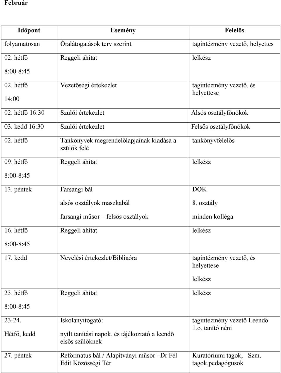 hétfő lelkész 13. péntek Farsangi bál alsós osztályok maszkabál farsangi műsor felsős osztályok DÖK 8. osztály minden kolléga 16. hétfő lelkész 17.