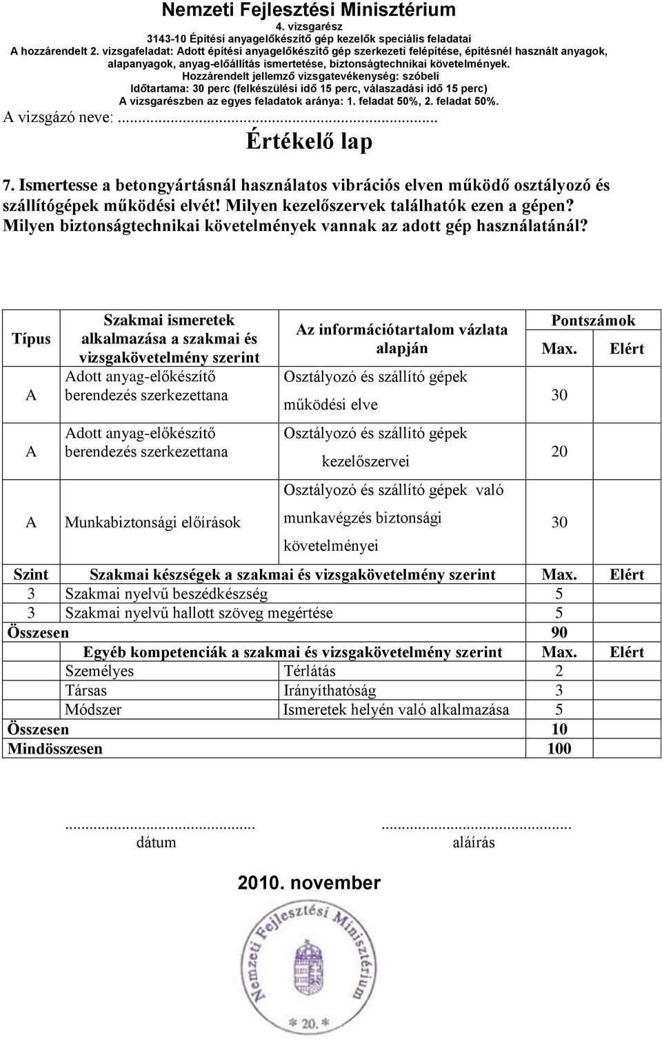 Típus Szakmai ismeretek alkalmazása a szakmai és vizsgakövetelmény szerint dott anyag-előkészítő berendezés szerkezettana dott anyag-előkészítő berendezés szerkezettana Munkabiztonsági előírások z