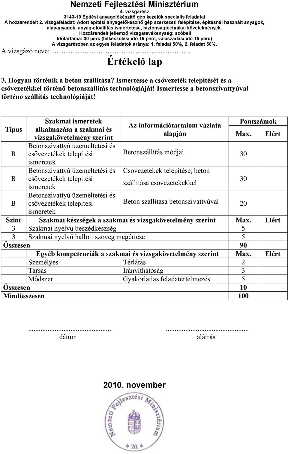 Típus B B B Szakmai ismeretek alkalmazása a szakmai és vizsgakövetelmény szerint Betonszivattyú üzemeltetési és csővezetékek telepítési ismeretek Betonszivattyú üzemeltetési és csővezetékek