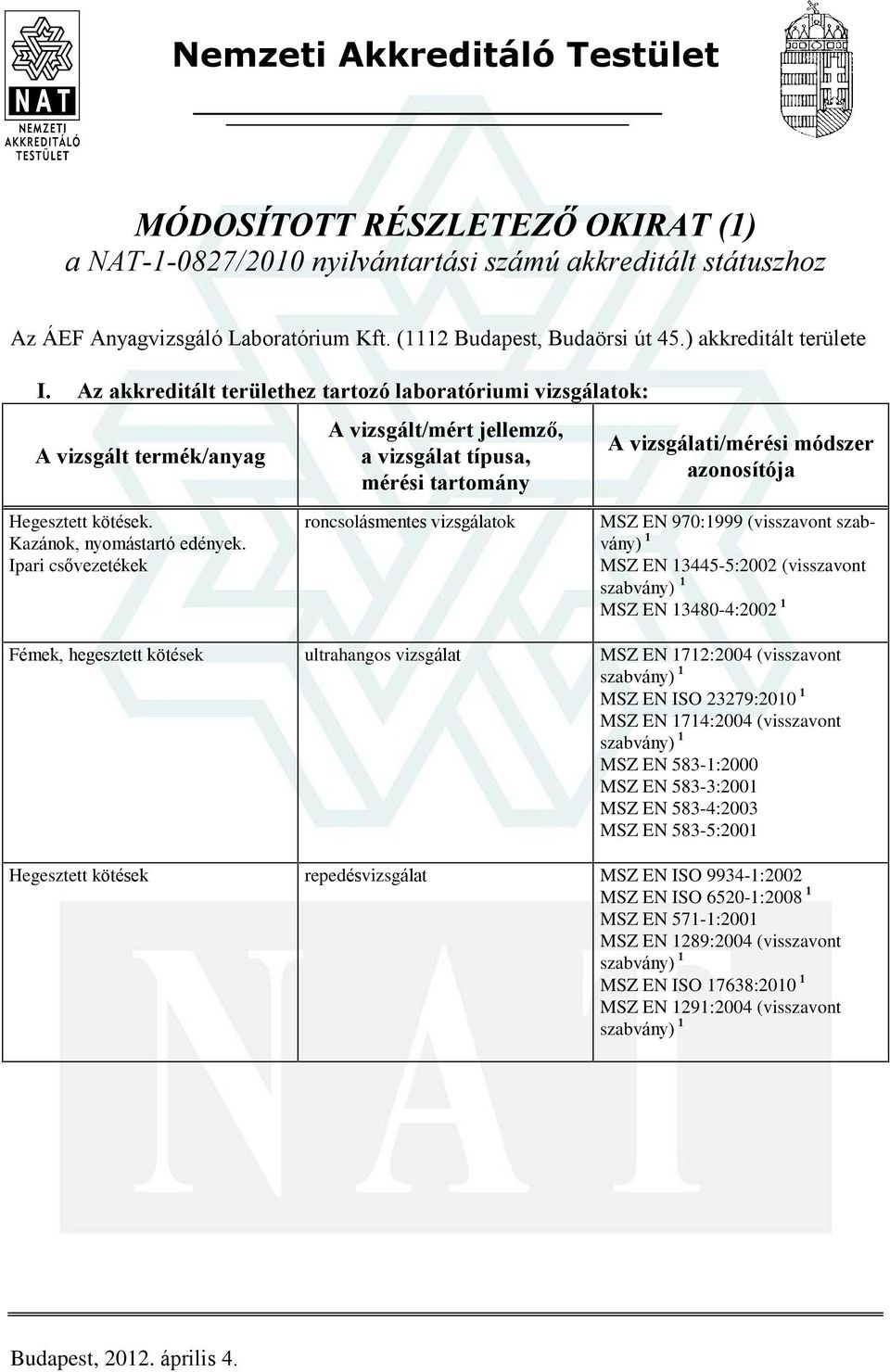 Ipari csõvezetékek roncsolásmentes vizsgálatok MSZ EN 970:1999 (visszavont szabvány) 1 MSZ EN 13445-5:2002 (visszavont MSZ EN 13480-4:2002 1 Fémek, hegesztett kötések ultrahangos vizsgálat MSZ EN