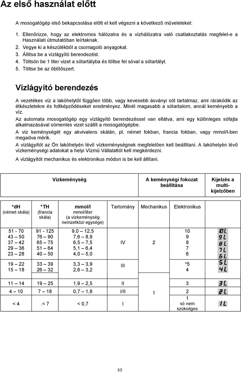 Állítsa be a vízlágyító berendezést. 4. Töltsön be 1 liter vizet a sótartályba és töltse fel sóval a sótartályt. 5. Töltse be az öblítőszert.