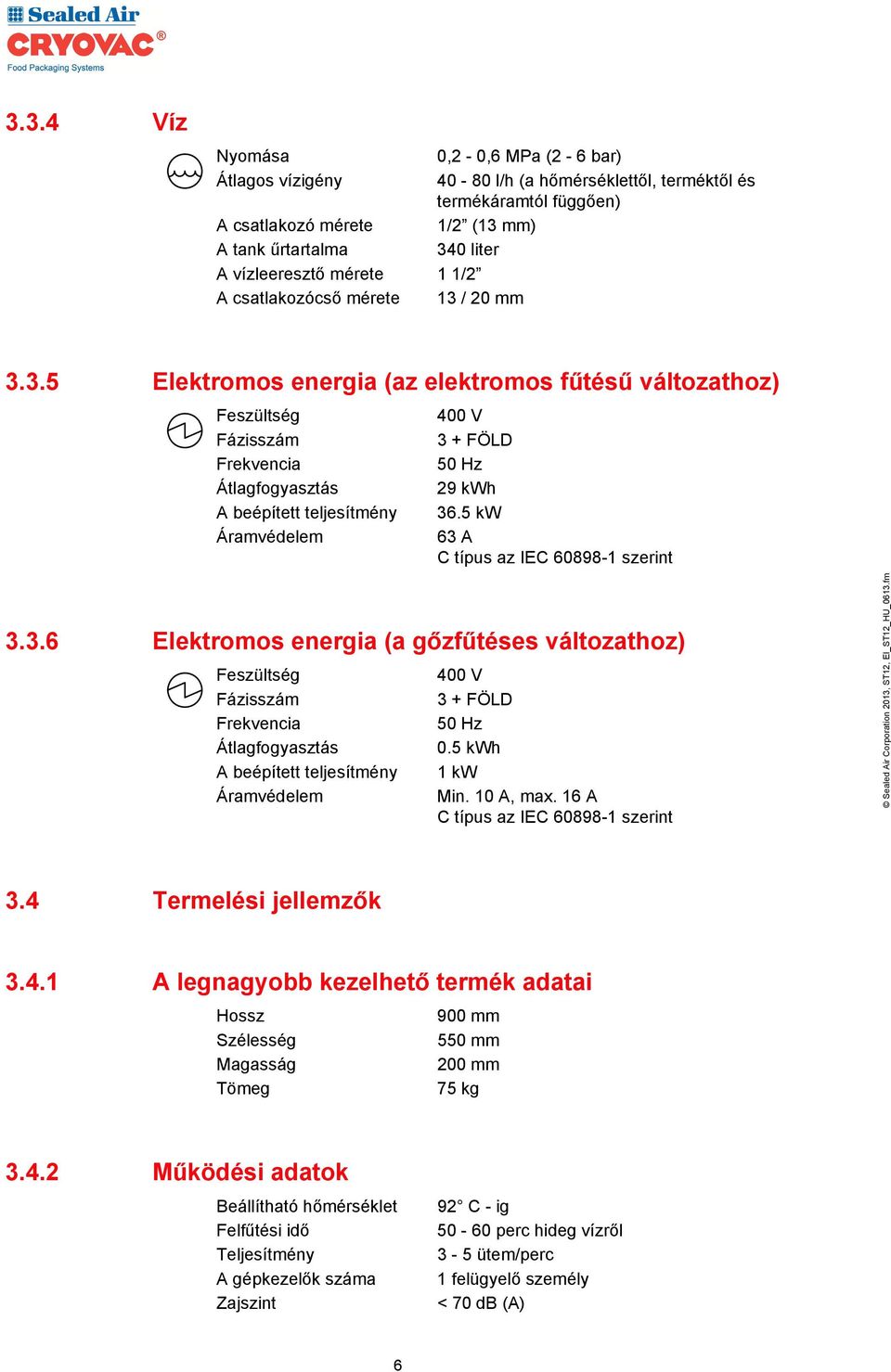 mm) 340 liter 3.3.5 Elektromos energia (az elektromos fűtésű változathoz) Feszültség Fázisszám Frekvencia Átlagfogyasztás A beépített teljesítmény Áramvédelem 400 V 3 + FÖLD 50 Hz 29 kwh 36.