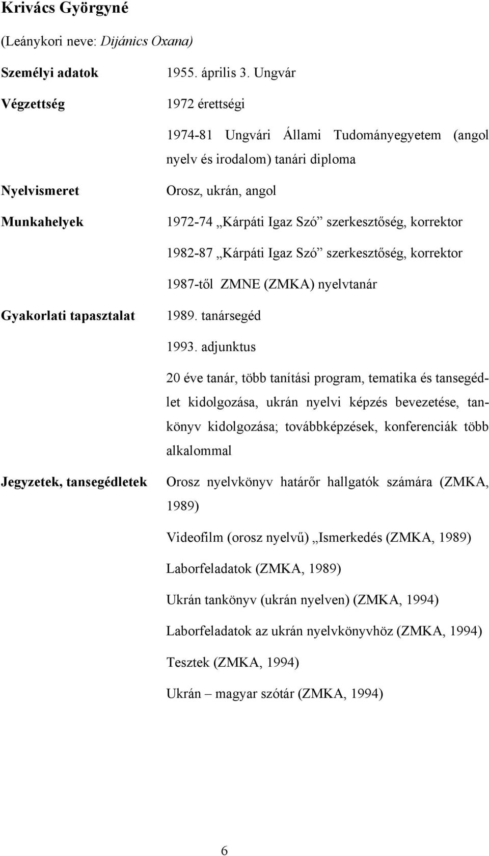 1982-87 Kárpáti Igaz Szó szerkesztőség, korrektor 1987-től ZMNE (ZMKA) nyelvtanár Gyakorlati tapasztalat 1989. tanársegéd 1993.